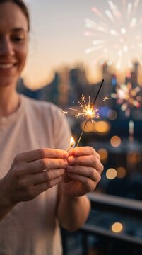 Smiling woman lighting sparkler firework stick with match outdoors during festive celebration with distant city fireworks backdrop