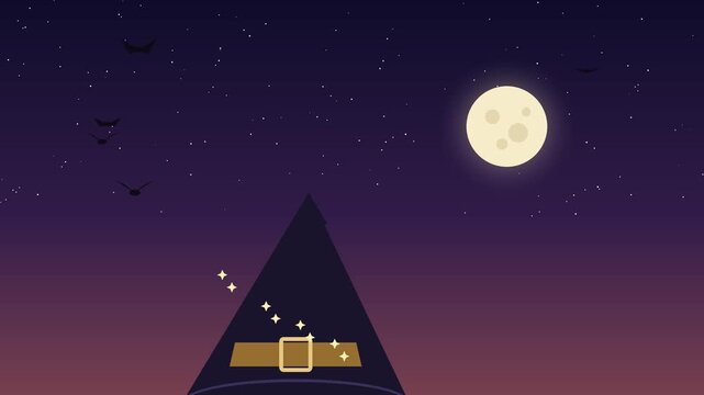 A witch s hat releases sparkling dust against a starry night sky and full moon autumnal bat