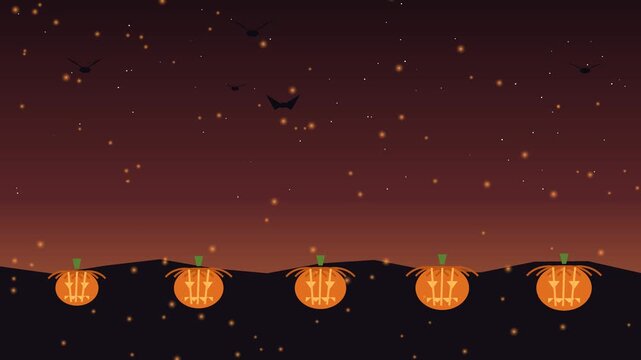 Pumpkins glow beneath a starry night sky with silhouetted bats in flight halloween autumn fall october