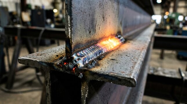 Closeup of a fresh multi-pass bead weld along a structural steel I-beam splice joint with glowing slag and heat tint oxidation.