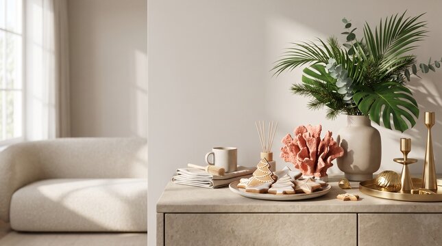 Cozy Home Decor with Christmas Tree Cookies and Tropical Greenery
