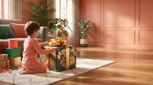 Young child in pajamas kneeling on a rug, reaching for a large wrapped gift with a gold bow
