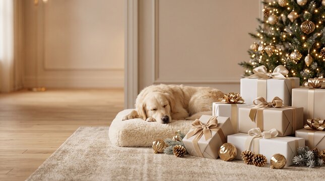 Golden Retriever Dog Sleeping Peacefully Beside Christmas Tree and Gifts
