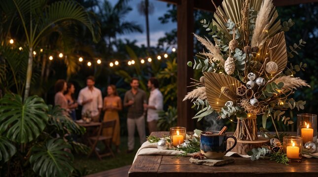 Cozy Evening Gathering with Warm Drinks and Festive Decorations Outdoors