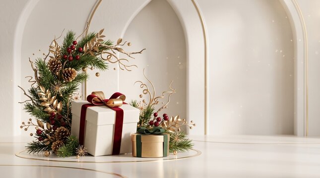 Elegant Christmas Gifts Surrounded by Festive Greenery and Gold Accents