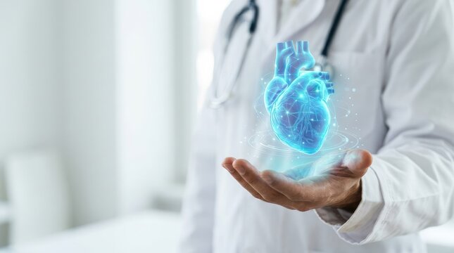 Medical professional holding illuminated heart model representing cardiovascular health in clinical setting with professional displays glowing