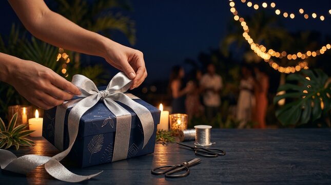 Hands tying a silver ribbon on a blue gift box at an outdoor evening party with string lights