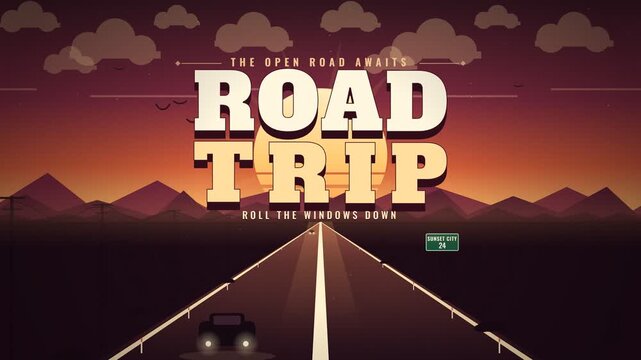 Road trip open road adventure driving animation with sunset landscape