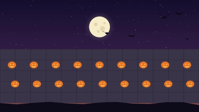 Pumpkins line a wall under a full moon as bats fly across the night sky halloween