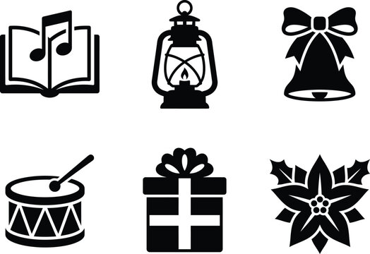 Collection of traditional christmas symbols and holiday icons in black silhouette style with design elements decor music notes