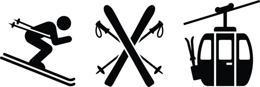 Set of alpine ski sports equipment including skier figure crossed poles and cable car gondola with lift winter sport mountain resort