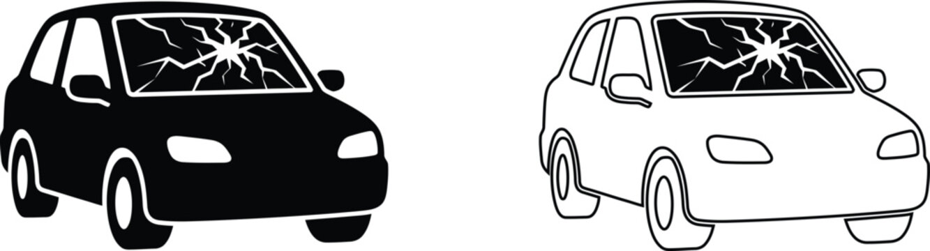 Black and white car icons showing a broken windshield from front impact collision damage with glass