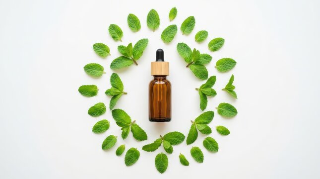 Amber glass dropper bottle with wooden cap surrounded by fresh mint leaves isolated on white background