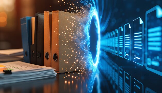 Physical folders dissolve into golden particles, sucked into a blue energy portal, emerging as glowing holographic document icons. Digitization, data migration, cloud computing concept.