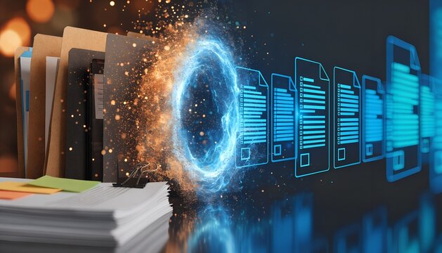 Physical folders dissolve into golden particles, sucked into a blue energy portal, emerging as glowing holographic document icons. Digitization, data migration, cloud computing concept.