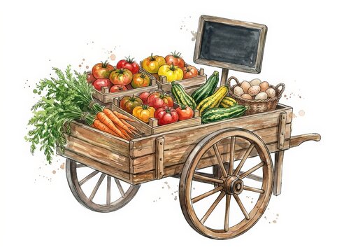 Farm stand cart displaying produce and eggs