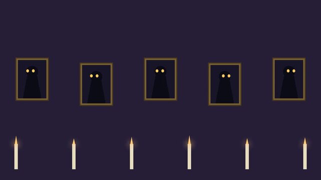 Portraits hang along a dark wall illuminated by flickering candlelight paintings wall darkness candlelight shadows frames