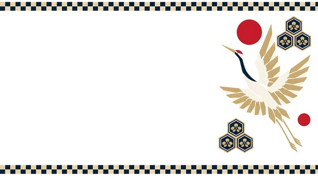 金色の翼を広げて飛翔する丹頂鶴と赤い日の丸、紺と金の市松模様の上下フレーム、亀甲花紋を組み合わせた日本の伝統的な和風背景。新年・正月・年賀状・祝賀デザイン向けの白い余白を生かした和モダンイラスト｜鶴・太陽・市松模様・亀甲花紋