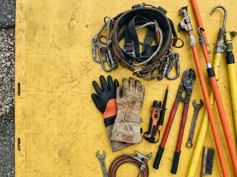 Safety gear and hand tools on a rubber work surface