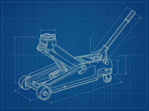 Floor jack technical blueprint with dimensions and parts