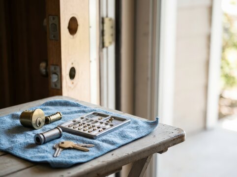 Lock rekeying tools on a workbench by an open door