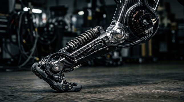 Articulated quadruped carbon-fiber robot leg assembly featuring titanium spring dampers, a brushless disc motor, and a polished stainless steel ball joint.