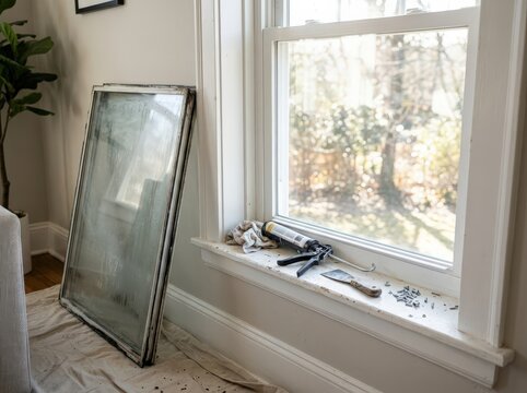 Worker replacing a window glass pane in a home