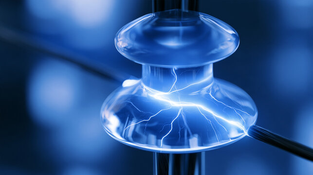High voltage glass insulator with electric spark connecting broken power line cable   