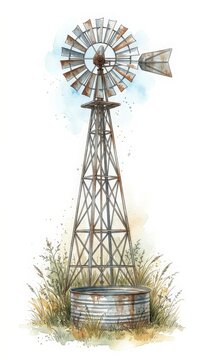 Watercolor farm windmill above a water trough