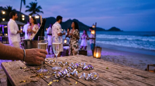 Beach party celebration with champagne and friends at dusk with ocean waves and palm trees in background