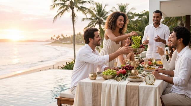 Friends Enjoying a Luxurious Sunset Dinner Party by the Infinity Pool Overlooking the Ocean