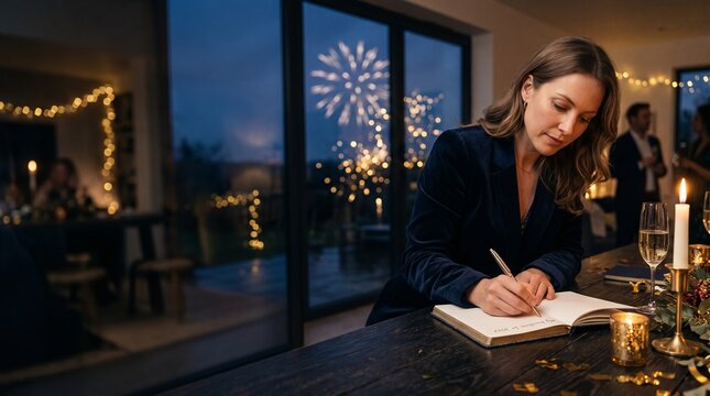 Woman writing resolutions in a journal at a festive New Years Eve party with fireworks outside