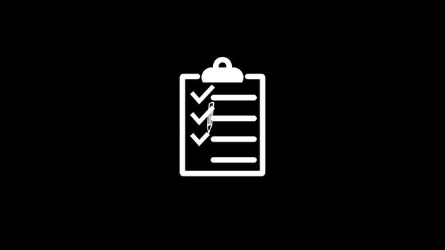 A white of a clipboard with a pen and a checkmark is displayed on a stark black background. a to-do list, task completion, survey, or checklist, indicating organization and accomplishment with its