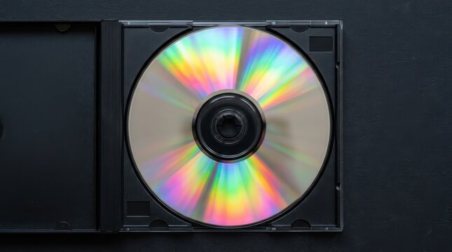 A shiny compact disc placed inside a black plastic jewel case, topdown view