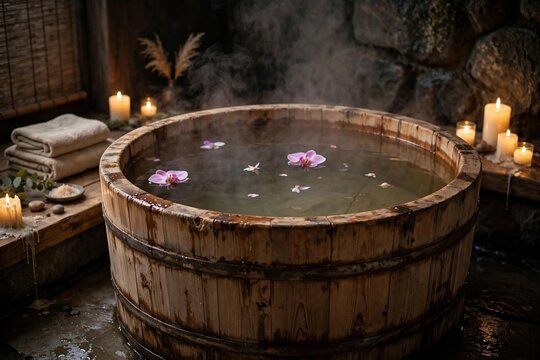 Steaming wooden Japanese ofuro soaking tub with floating orchid petals and lit candles in a dim spa room