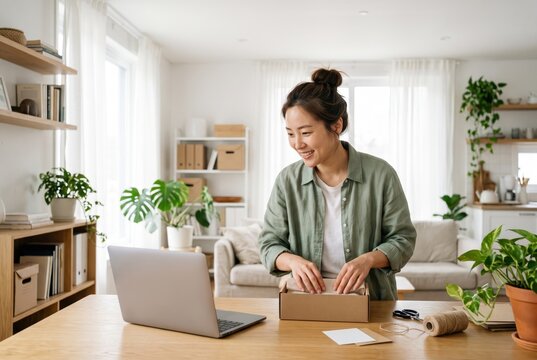 Generative AI, Small Business Owner Packing an Order Beside a Laptop at Home