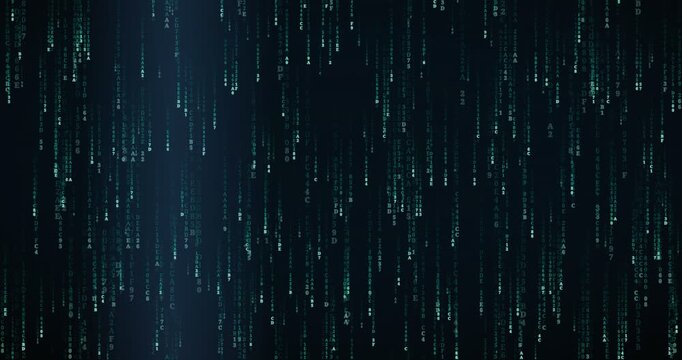 Hexadecimal code symbols cascade down in a teal circuit animation, creating a deep tunnel effect.