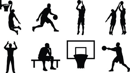 Set of black basketball silhouettes including slam dunk dribbling shooting blocking referee coach and hoop isolated on white background © MstSahida