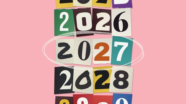 Happy new year 2027 typography, retro punk ransom note lettering. Mismatched numbers on torn magazine paper scraps