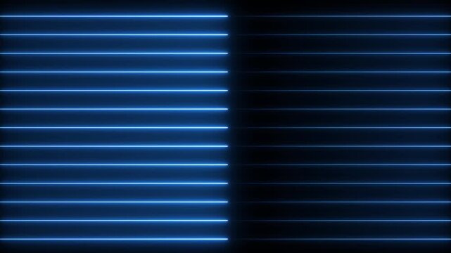 A series of bright neon blue horizontal lines glowing intensely against a dark black background, creating a futuristic and technological visual effect with a strong sense of depth and uniformity