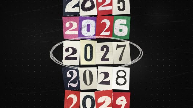 Happy new year 2027 typography, retro punk ransom note lettering. Mismatched numbers on torn magazine paper scraps