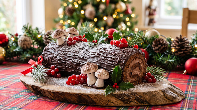 Delicious chocolate Yule log cake on a wooden board, decorated with red berries and meringue mushrooms for Christmas celebration.