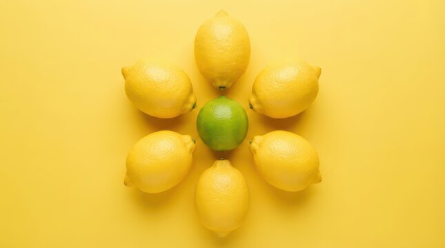 Top view of a green lime surrounded by yellow lemons arranged in a flower shape on a yellow background