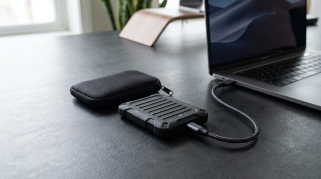 Rugged portable SSD drive connected to a laptop on a desk