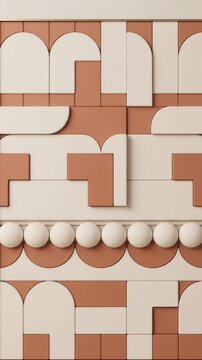 terracotta and white with geometric shapes and spheres