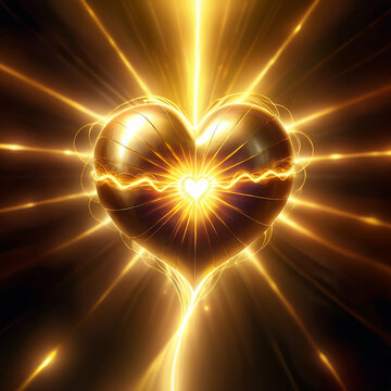Radiant golden heart pulsating with bright energy and light rays against a dark background, symbolizing life, power, and emotion.