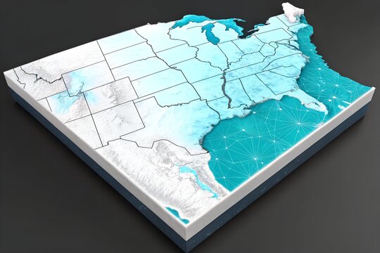 Digital connectivity and virtual infrastructure. Mapa Estados Unidos. 3D visualization of global networks and communications. generated ai