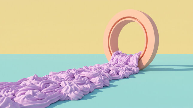 A pink/peach-colored circular ring or torus resting on a teal or light-blue surface against a yellow background, with a purple swirl or ooze spilling out of it.