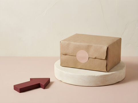 Sustainable brown kraft paper box on white pedestal, minimalist gift packaging with pink sticker, shipping and delivery concept with arrow.