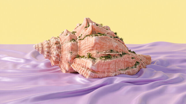 a large, pink and orange conch shell (resembling a queen conch) resting on a soft, draped purple fabric against a light yellow background